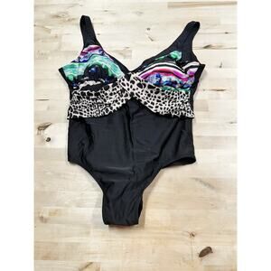 ESMARA Size 50C Black Colorful Animal Print One-Piece Bathing Suit Swimwear EUC